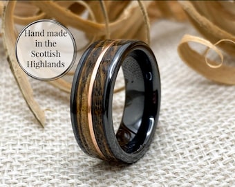 Lagavulin, Buffalo Trace & more, Black Titanium Carbide 8mm with Copper Accent, Wedding Band, Whisky barrel ring, Wood Wedding Band