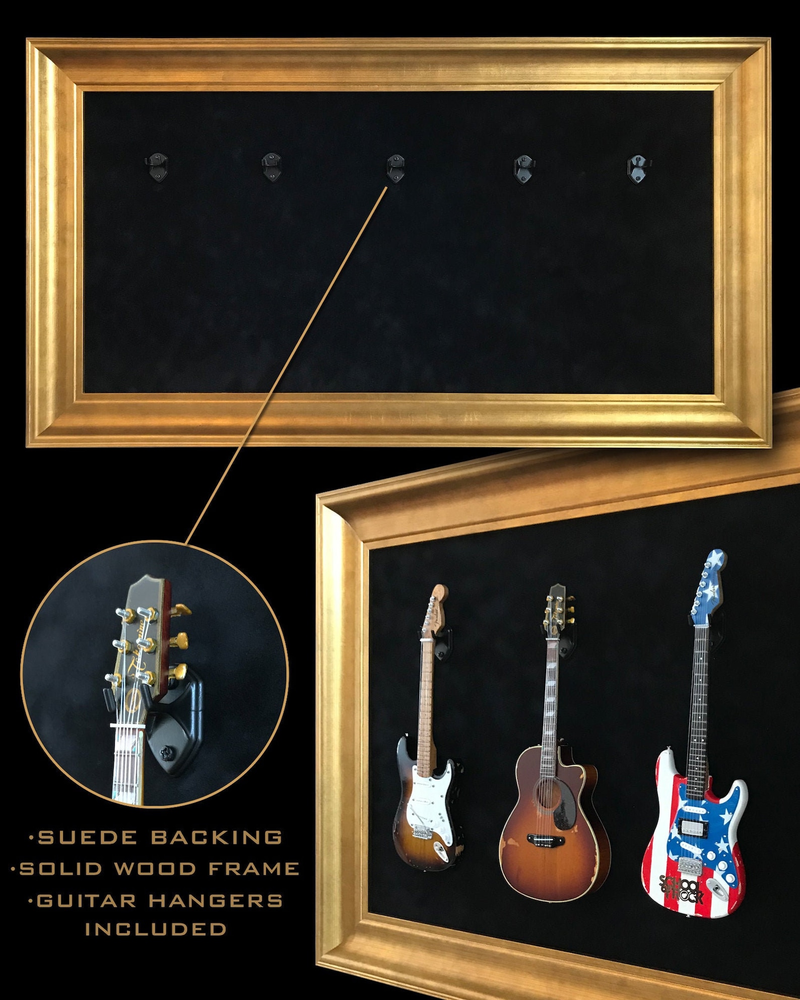 Mini Guitar Display Frame Black Suede Warm Gold Leafing Etsy