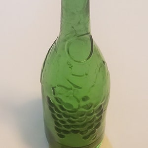 Vintage Green Glass Bottle Vase, Grapes Pattern