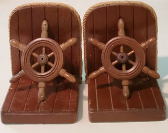 vintage Brown Wooden Ship Wheel Bookends, Set de 2, Décor nautique