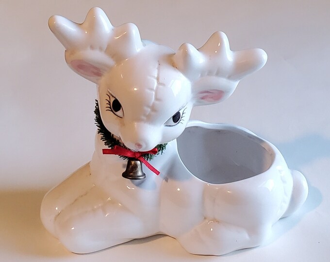 Vintage White Ceramic Deer Reindeer Planter, Figurine Holiday