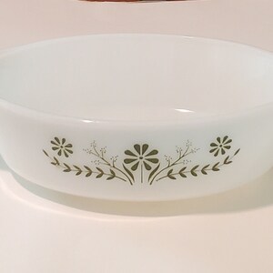 Vintage White Glass Casserole Dish, Baking Dish, Green Floral Pattern