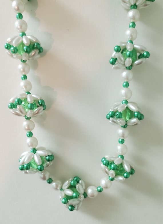 Vintage Pink Green White Plastic Faux Pearl Beade… - image 8