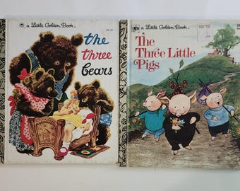 May include: Two vintage Little Golden Books. The left book is titled "The Three Bears" and features a brown bear family. The right book is titled "The Three Little Pigs" and features three piglets.