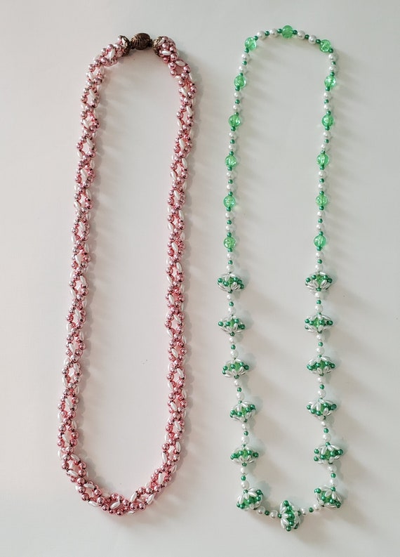 Vintage Pink Green White Plastic Faux Pearl Beaded