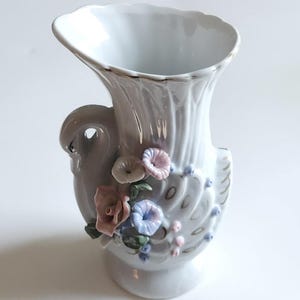 Vintage White Ceramic Floral Swan Vase Figurine