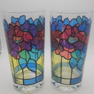 verres floraux vintage, conception de vitraux, ensemble de 2