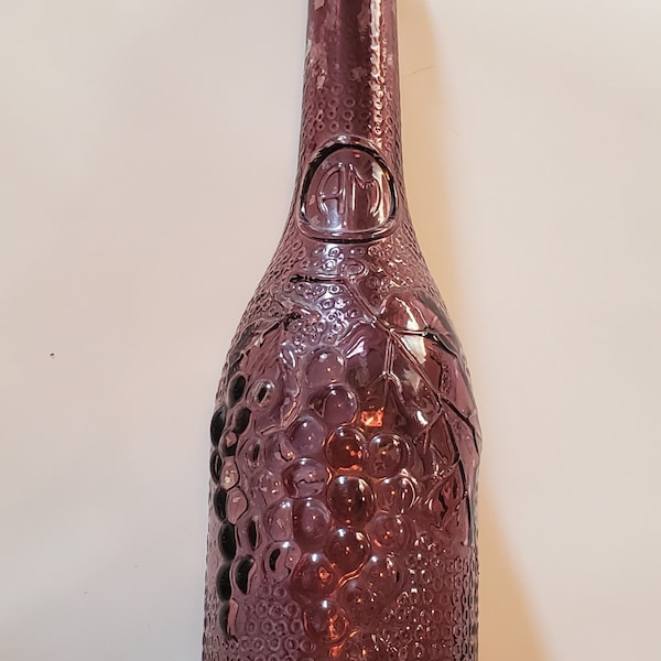 Vintage Purple Glass Bottle Vase, Grapes & Leaf Design