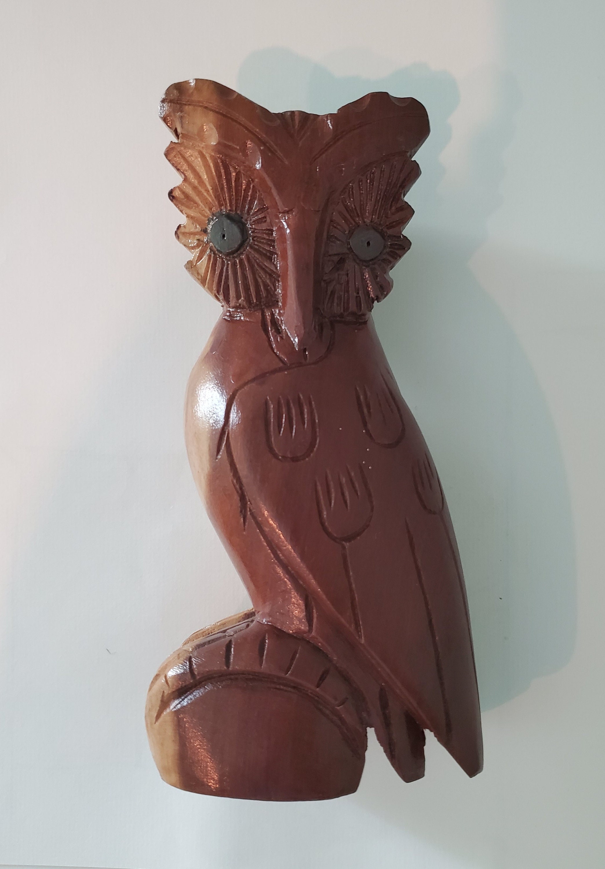 Vintage Carved Wood Wooden Owl Figurine - Brown Owl Figurine