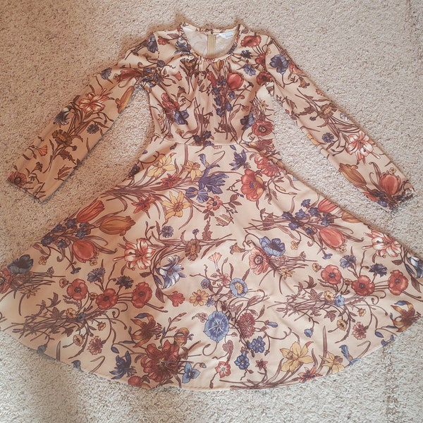 Vintage Sears Beige Multicolor Floral Long-Sleeve Dress, Size Small