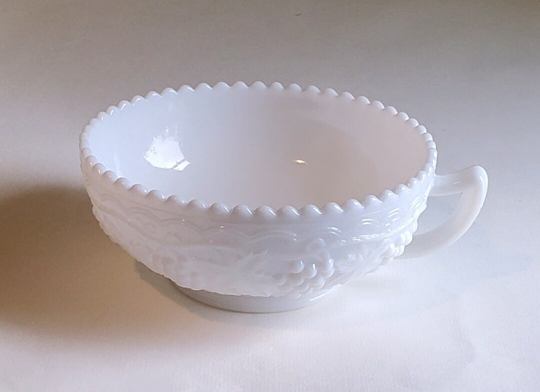 Vintage White Milk Glass Bowl Dish With Handle Grapes Design - Etsy
