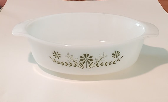 Vintage White Glass Casserole Dish, Baking Dish, Green Floral