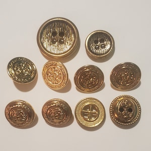 Vintage Gold Metal Buttons Lot, 10 Buttons