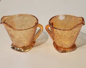 Vintage Orange Iridescent Creamer Cups, Etched Leaves Design, Set of 2