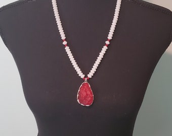 Vintage Red Pendant and White Glass Beads Necklace