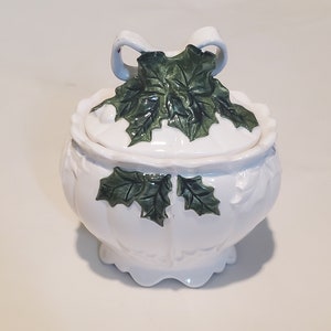 Vintage Ceramic White Pumpkin Green Leaves Trinket Dish, Sugar Bowl
