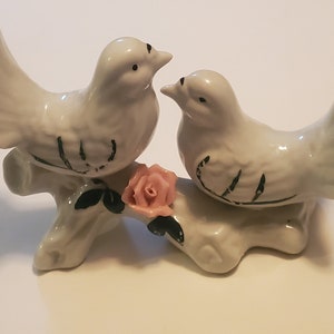 Vintage White Ceramic Birds Figurine, Birds on a Branch, Spring Decor