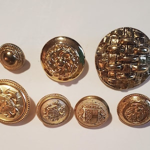 Vintage Gold Metal Buttons Lot, 7 Buttons