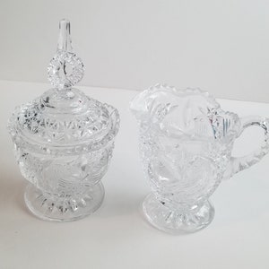 Vintage Bird Design Clear Glass Sugar Bowl & Creamer