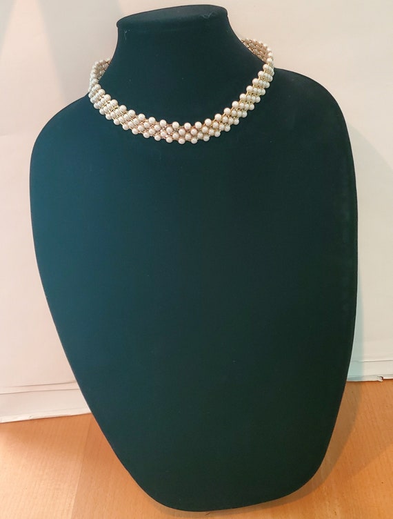 Vintage Faux Pearl & Gold Beaded Choker Necklace - image 1