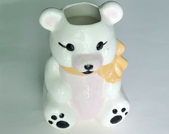 Vintage Handmade Ceramic Teddy Bear Figurine, Vase, Planter
