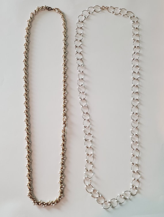 Vintage White & Gold Beaded Long Necklaces, Lot o… - image 1