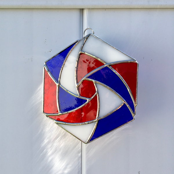 Red, White & Blue Stained Glass Pinwheel Suncatcher / Window Decoration - Patriotic - July 4th (Handmade)