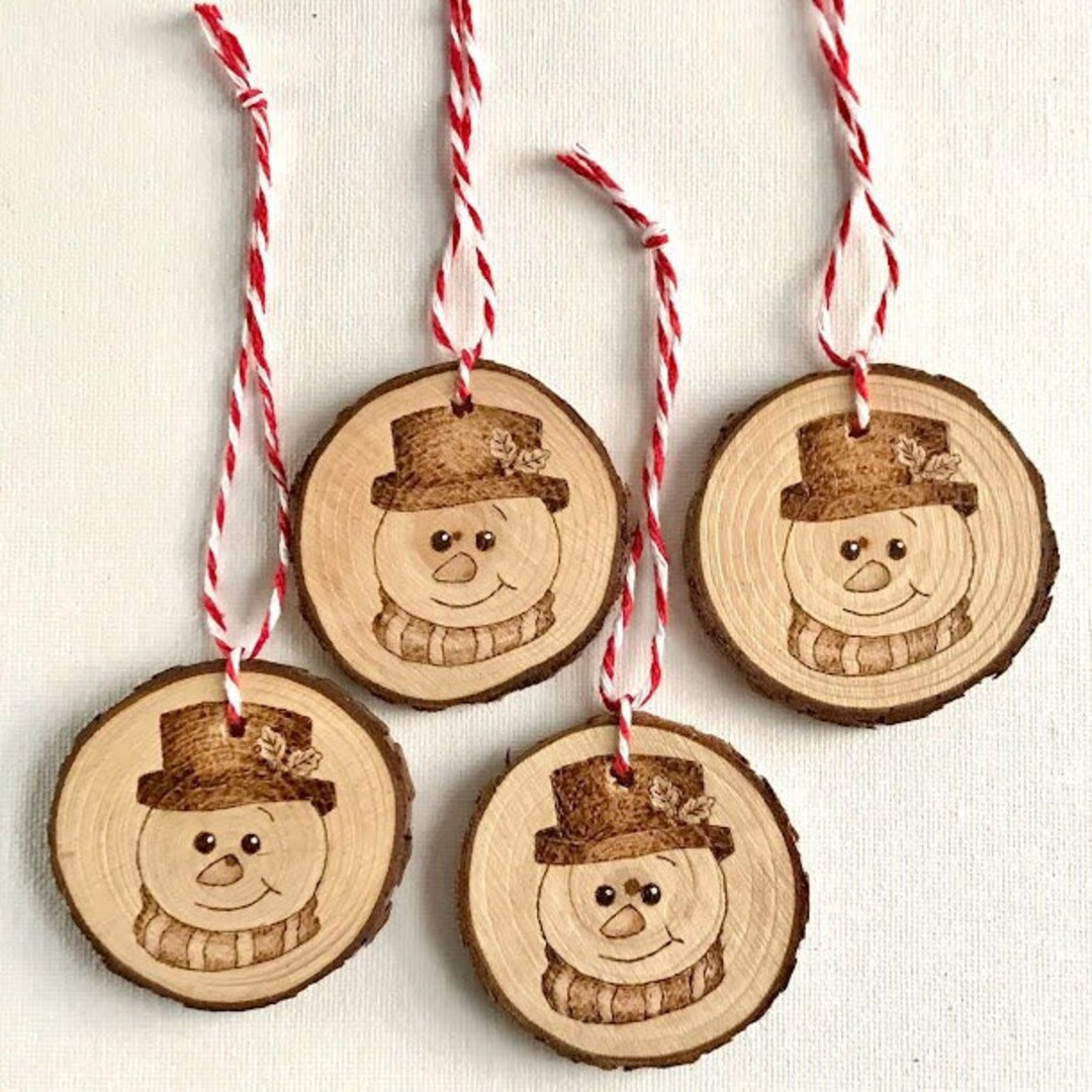 A Set of Four Snowmen Hand Burned on Natural Wood Slice Hanging ...