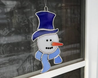 Stained Glass Cute Snowman Christmas / Holiday Decoration - Suncatcher / Window Decoration
