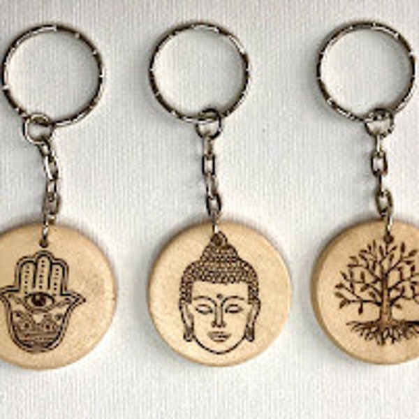 Hand Burned Wooden Keyrings in a choice of 'Hamsa', 'Buddha' or 'Tree of Life'