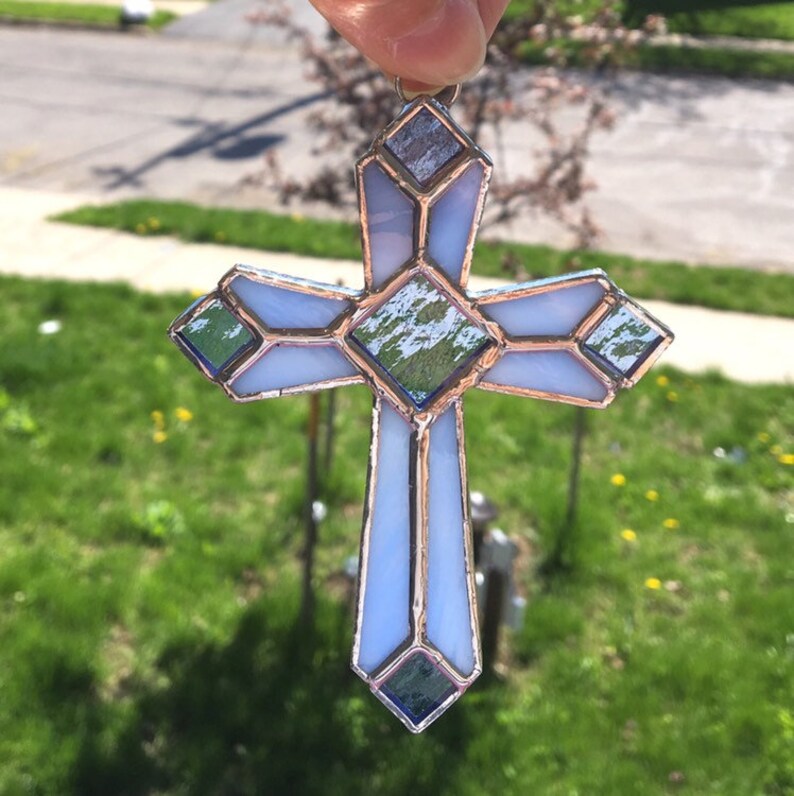 Original Design Handmade Stained Glass Cross in Pale Blue Opalescent /& Blue Cathedral Glass Stained Glass Suncatcher