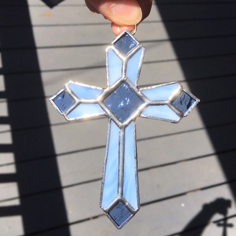 Original Design Handmade Stained Glass Cross in Pale Blue Opalescent /& Blue Cathedral Glass Stained Glass Suncatcher