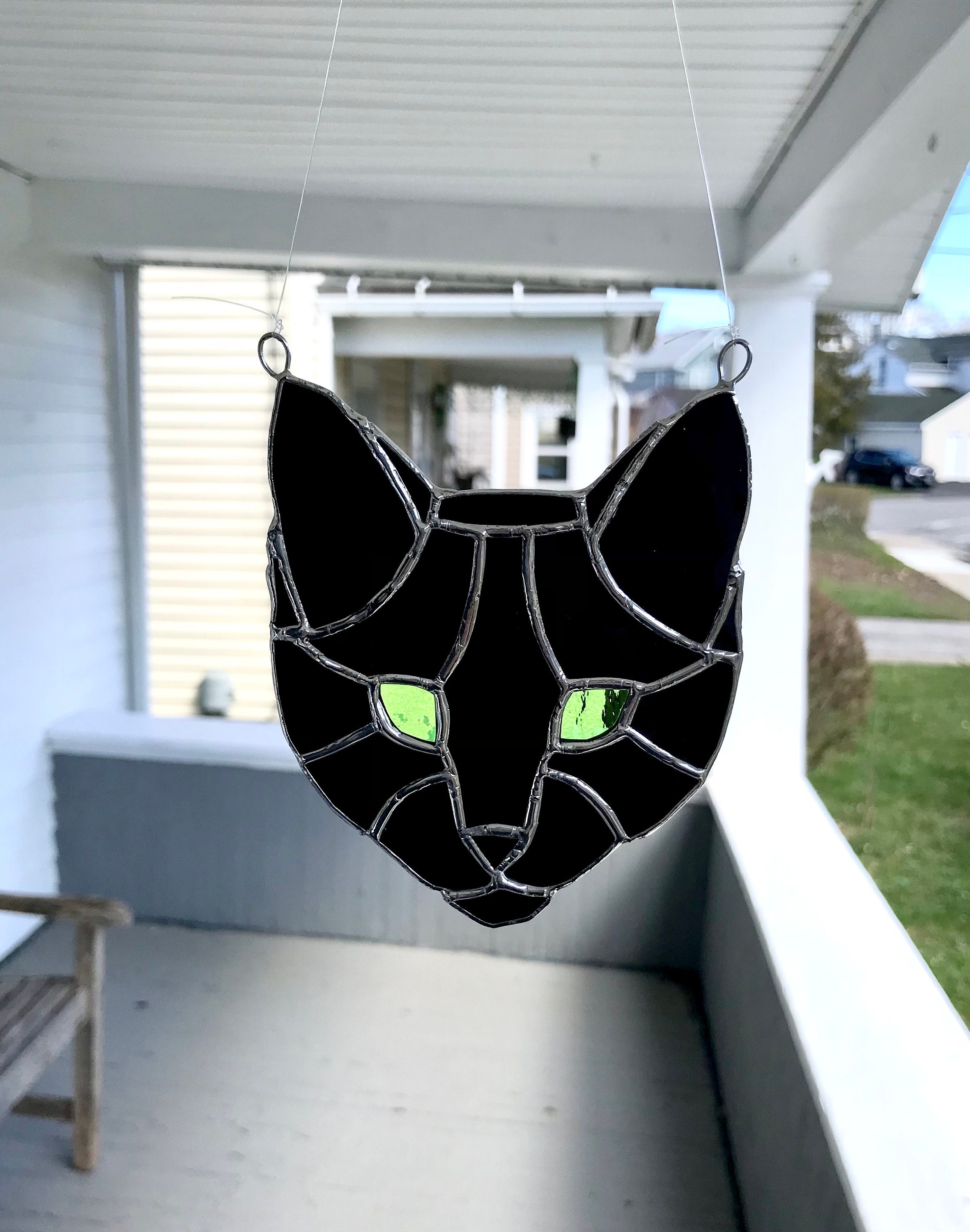 Black Cat Face With Green Eyes Stained Glass Suncatcher / Window ...