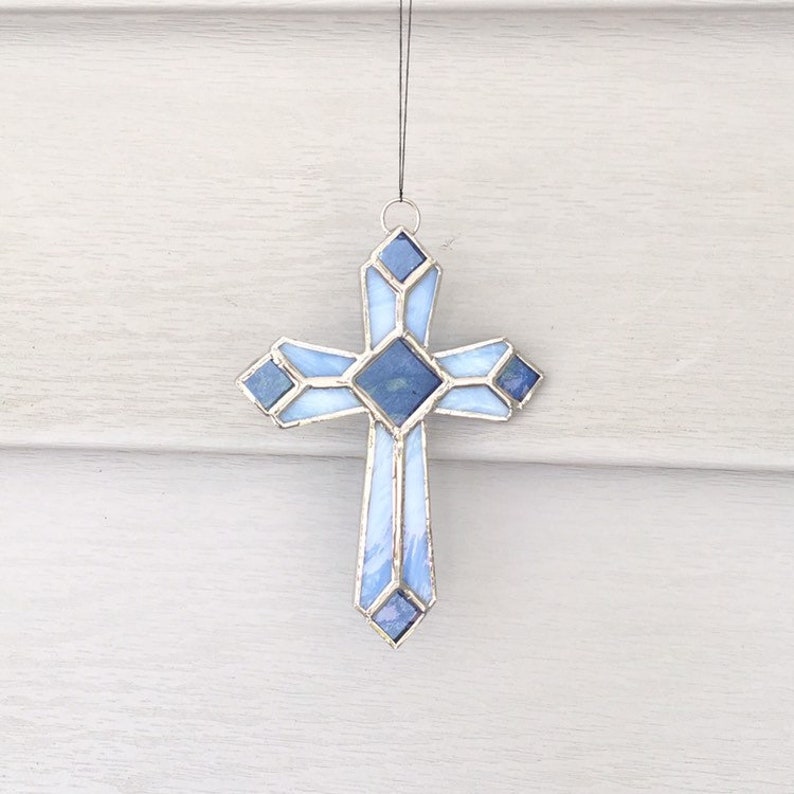 Original Design  Handmade Stained Glass Cross in Pale Blue Opalescent /& Blue Cathedral Glass Stained Glass Suncatcher