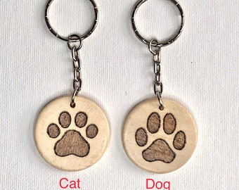 Paw Print Hand Burned Wooden Keyrings in a choice of Dog or Cat