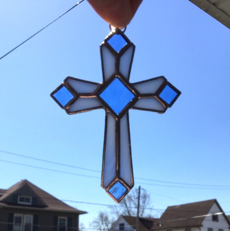 Original Design Handmade Stained Glass Cross in Pale Blue Opalescent /& Blue Cathedral Glass Stained Glass Suncatcher