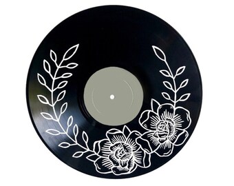 Green Floral Painted Vinyl Record