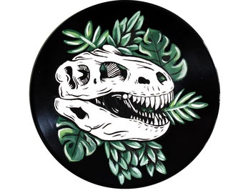 Hand Painted Vinyl Record Decor Dinosaur T-Rex Skull with Plants