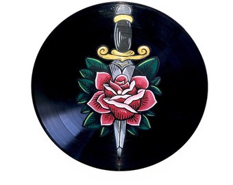 Vinyl Record Decor, Tattoo Art, Sword and Rose, Rose Art, Retro Decor, Hand Painted Record, Sustainable, Gifts for Music Lover, Boho Decor