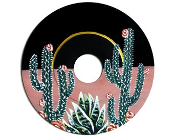 Cactus Boho Art|Painted Vinyl Record|Plant Lover|Snake Plant|Retro Decor|Bohemian Art|Gold Art|Cacti|Aesthethic|Valentines Day Gift|Upcycled