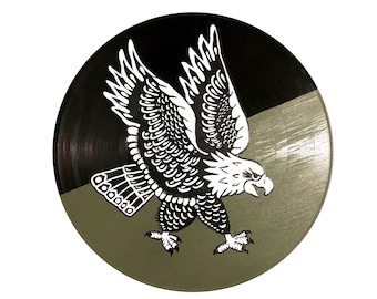 Bald Eagle Decor|Painted Record|Music Lover Gift| Gift Millitary|Olive Green|Traditional Tattoo Art|Military Art|Gift for Him|Valentines