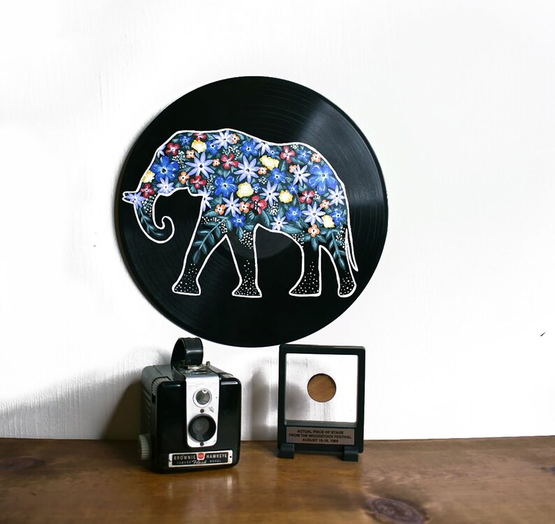 Painted Vinyl Record, Elephant Lover Decor, Record Art, Elephant Art