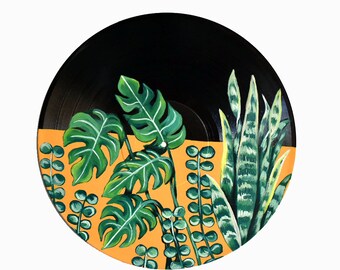 Boho Plant Decor, Vinyl Record Decor, Plant Lover, Monstera Leaves, Snake Plant, Retro Decor, Painted Record, Boho Art, Gift for Music Lover