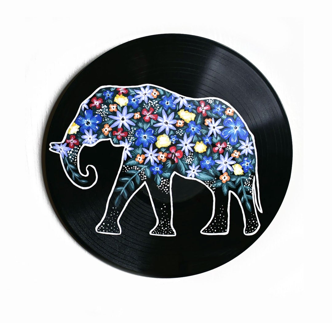 Painted Vinyl Record, Elephant Lover Decor, Record Art, Elephant Art