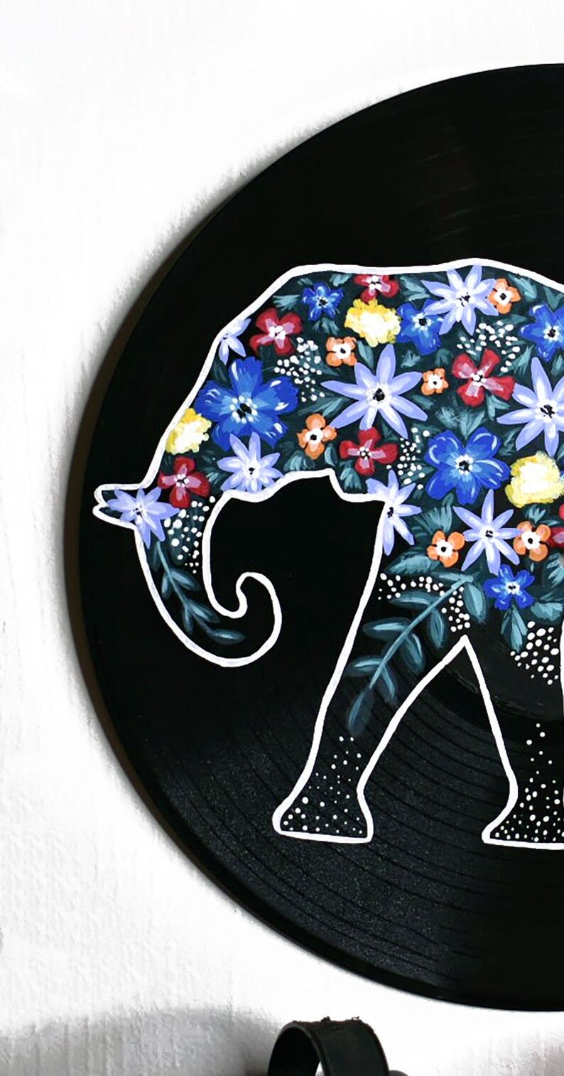 Painted Vinyl Record, Elephant Lover Decor, Record Art, Elephant Art