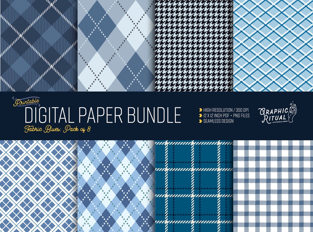Printable Digital Paper Set of 8 Blue Textile Patterns: Houndstooth ...