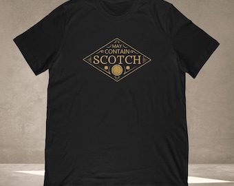 May include: Black t-shirt with a gold diamond-shaped graphic that says "May Contain Scotch" with a shamrock and a barrel design.