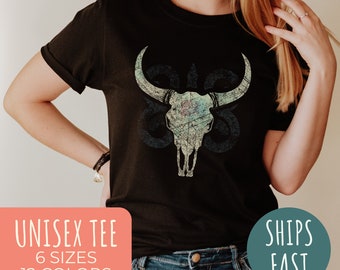 Boho Bull Skull Shirt, Western Graphic Tee, Cowgirl Tshirt, Country Shirt, Cowboy Shirt, Country Girl Shirt, Western Clothing