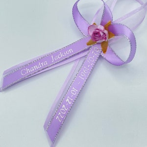 200-100-75-24-36 48pcs Funeral Favor/ Funeral gift /personalized ribbons with safety pin Custom Ribbons   Listones grabados DOUBLE RIBBONS
