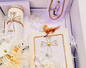 First Communion Candle Set: Rosary, Missal, Scapular, Handkerchief (4pcs)